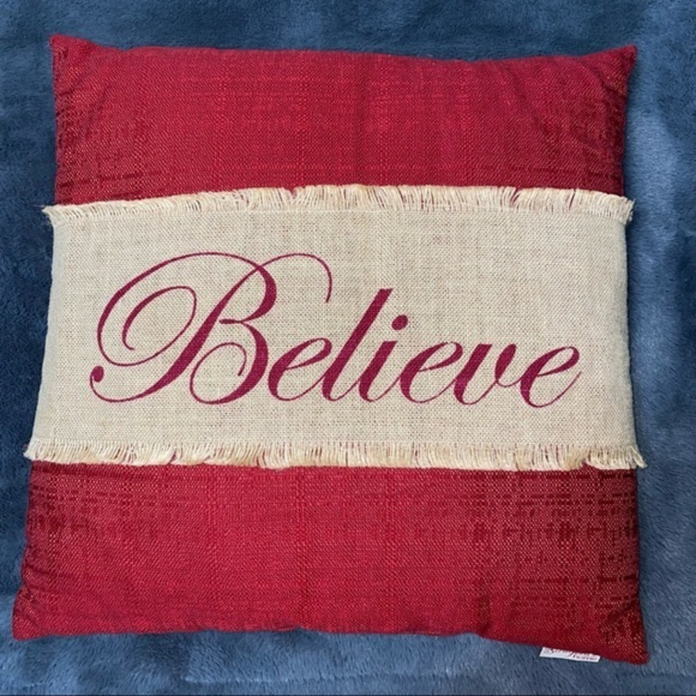 Christmas accent pillow‎ dark red and burlap Believe